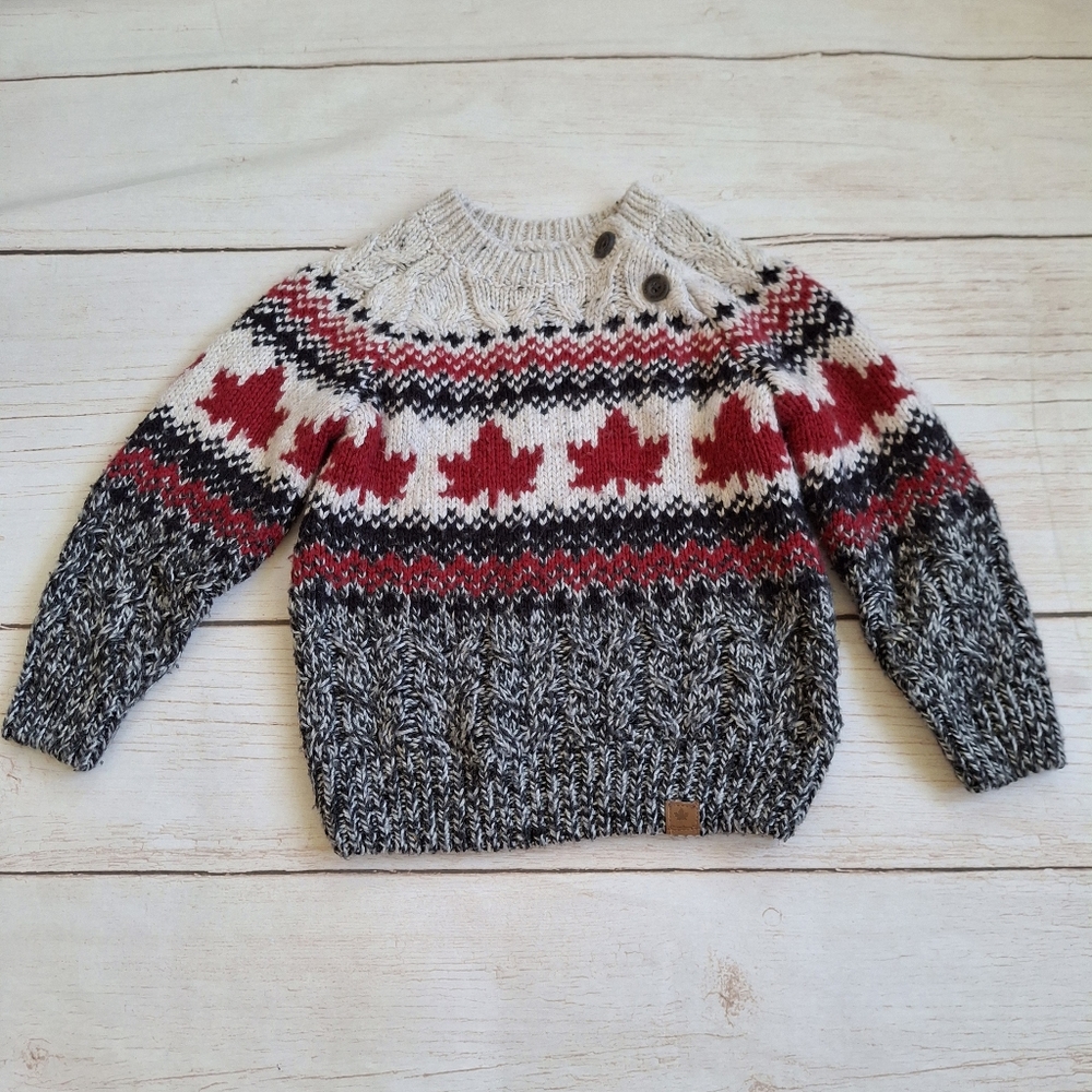 Canadiana 2T Grey And Red Cable Knit Sweater With Maple Leaf Design